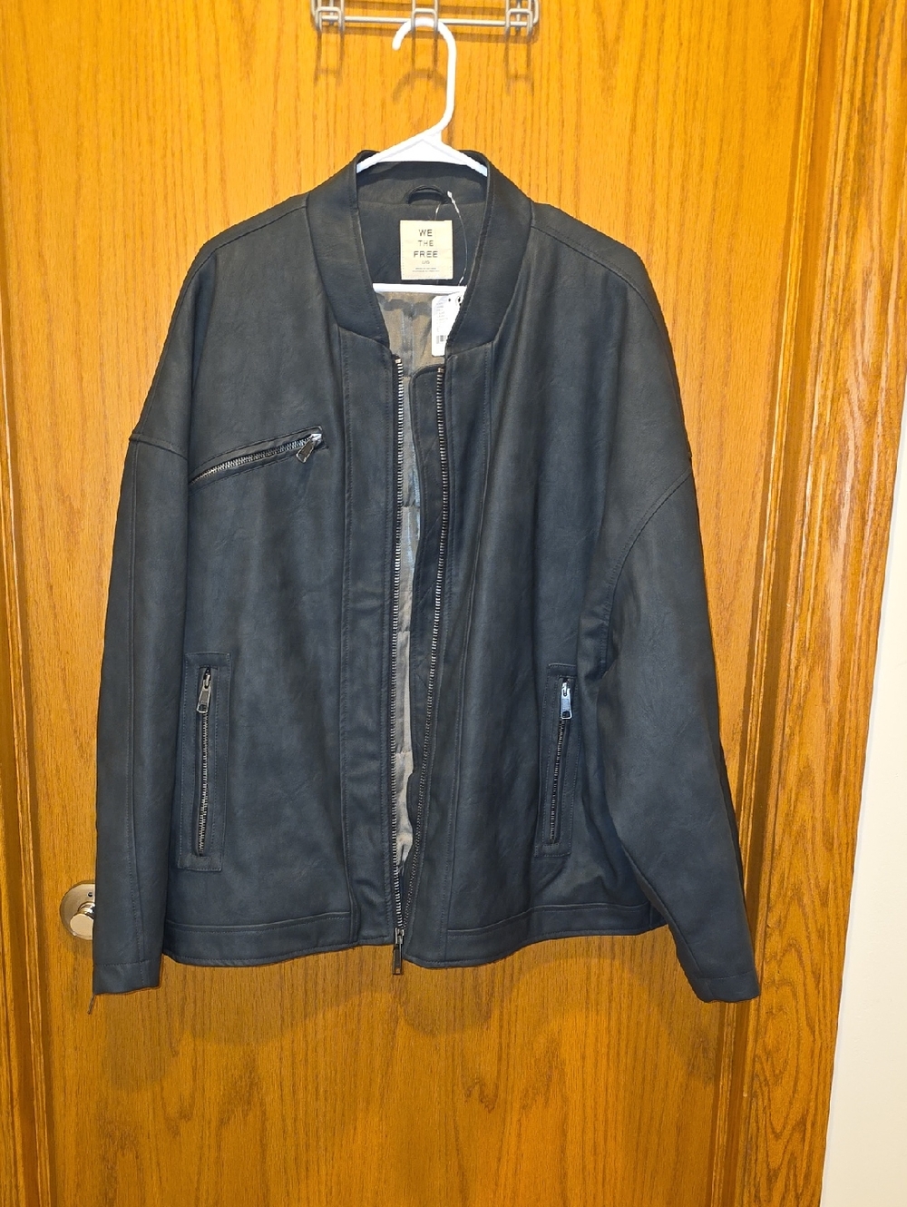 We The Free Black Leather Bomber Jacket with Zip Pockets